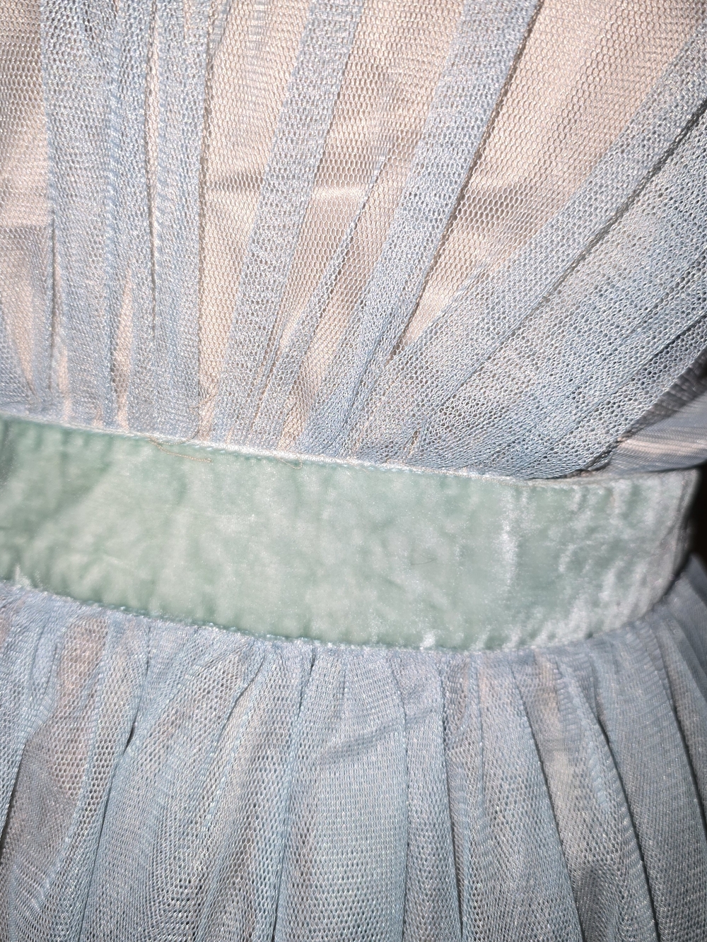 Powder Blue Sheer Tulle Cocktail Dress with Velvet Waistband Tan Underslip Large - Picture 6 of 16